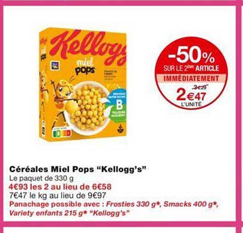 céréales miel pops "kellogg's" -50% sur le 2ème article