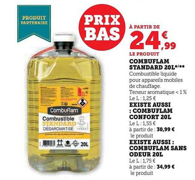 combuflam standard 20l, combuflam confort 20l, combuflam sans odeur 20l