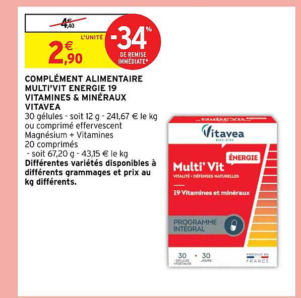 Complément Alimentaire Multi-vit énergie 19 Vitamines & Minéraux Vitavea