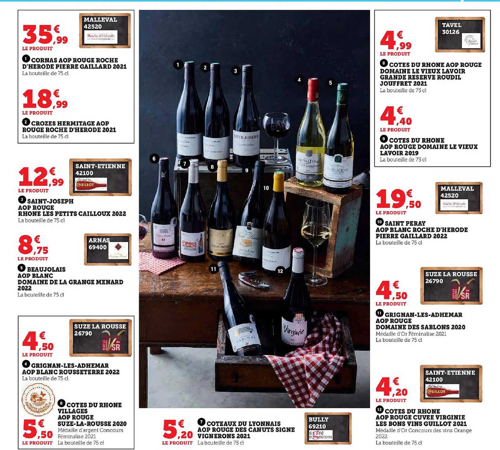 cornas aop rouge roche d'hérode pierre gaillard 2021, crozes hermitage aop rouge roche d'hérode 2021, saint-joseph aop rouge rhône les petits cailloux 2022, beaujolais aop blanc domaine de la grange