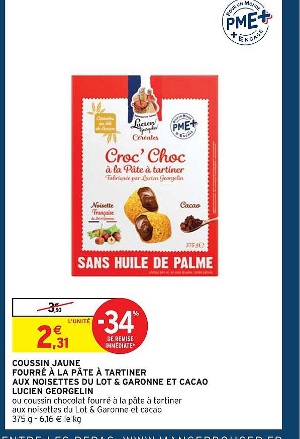 coussin jaune fourré à la pâte à tartiner aux noisettes du lot & garonne et cacao lucien georgelin