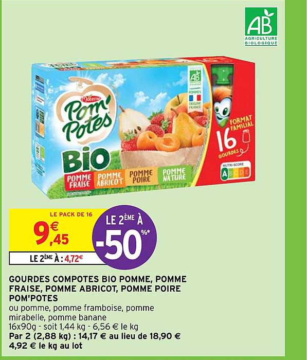 Gourdes Compotes Bio Pomme, Pomme Fraise, Pomme Abricot, Pomme Poire Pom'potes