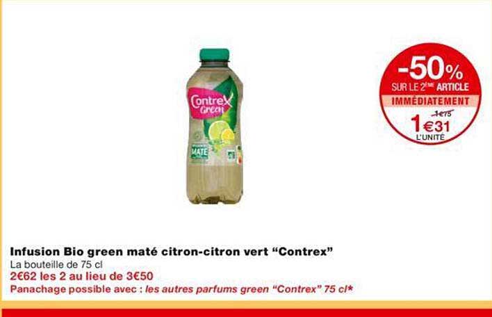 infusion bio green maté citron-citron vert "contrex" -50% sur le 2ème article