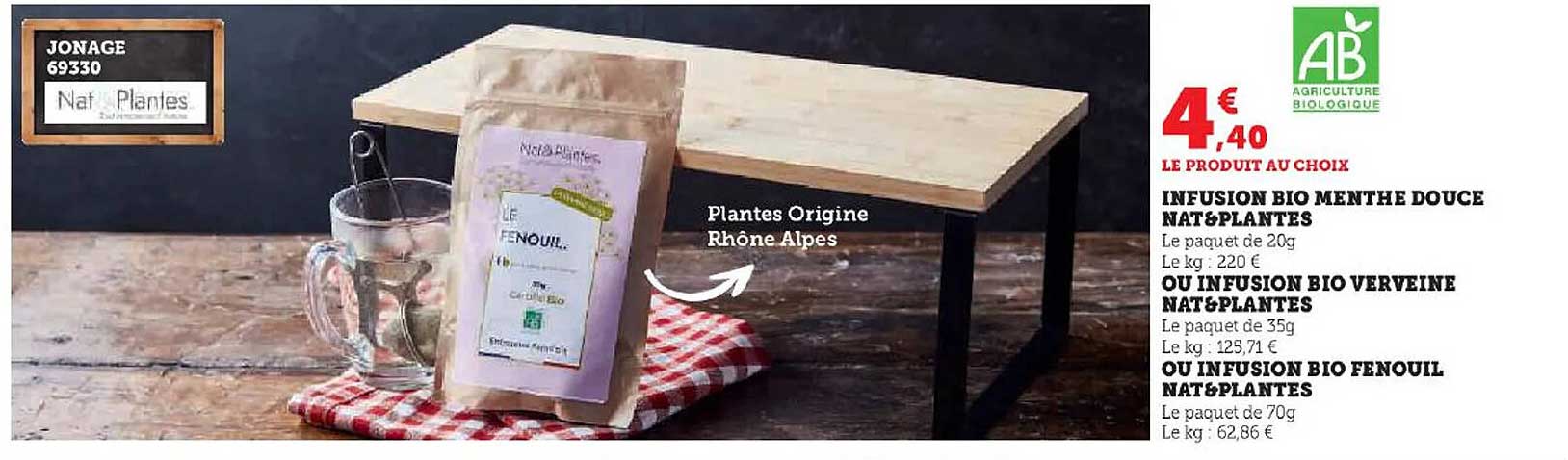 infusion bio menthe douce nat & plantes ou infusioin bio verveine nat & plantes ou infusion bio fenouil nat & plantes