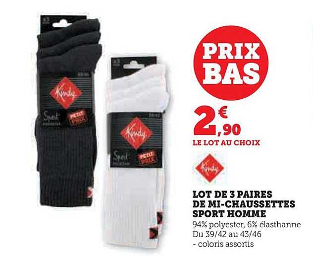 lot de 3 paires de mi-chaussettes sport homme kindy