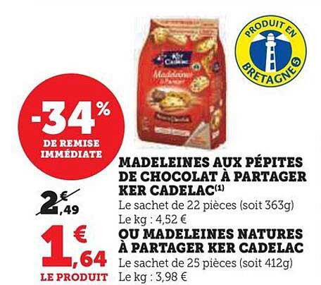 madeleines aux pépites de chocolat à partager ker cadélac ou madeleines natures à partager ker cadélac