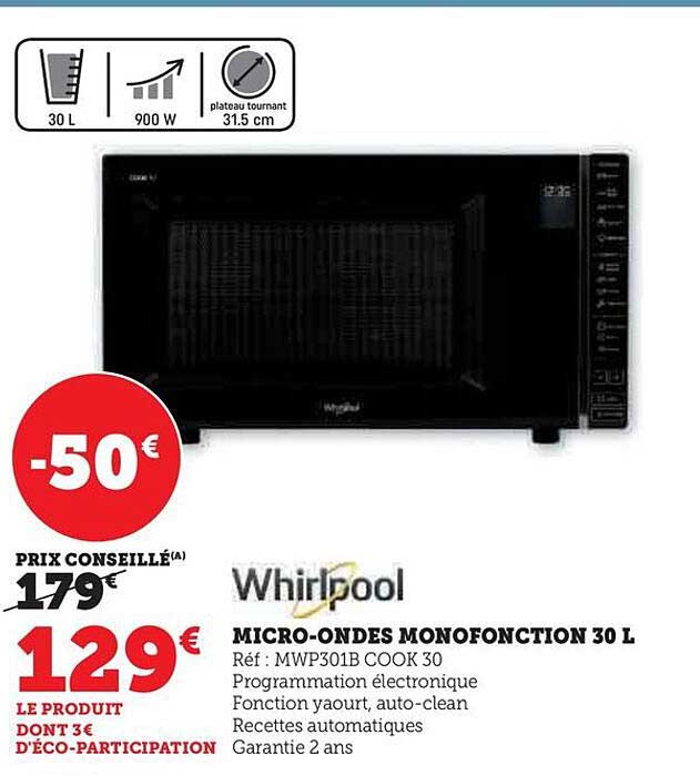 micro-ondes monofonction 30 l whirlpool