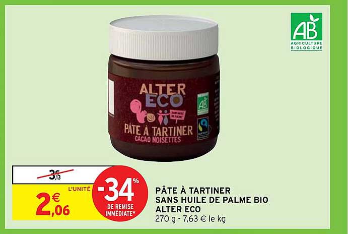 pâte à tartiner sans huile de palme bio alter éco