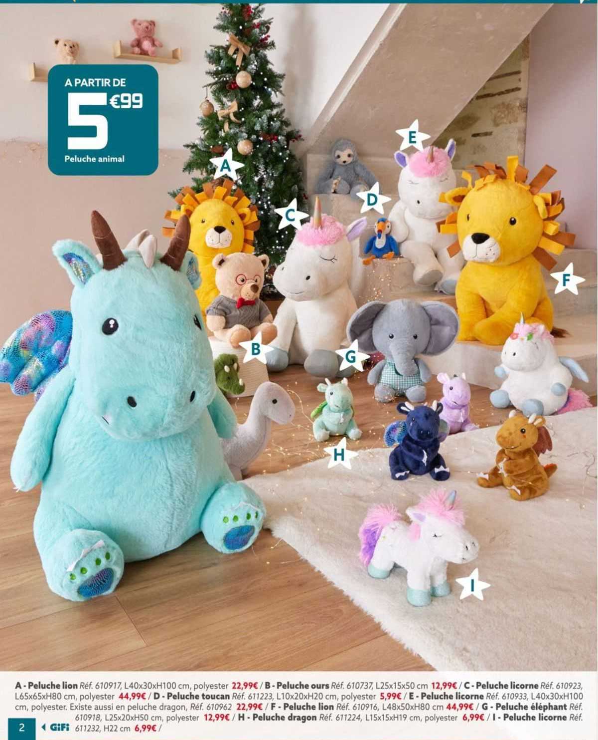 peluche lion, peluche ours, peluche licorne, peluche toucan, peluche éléphant, peluche dragon