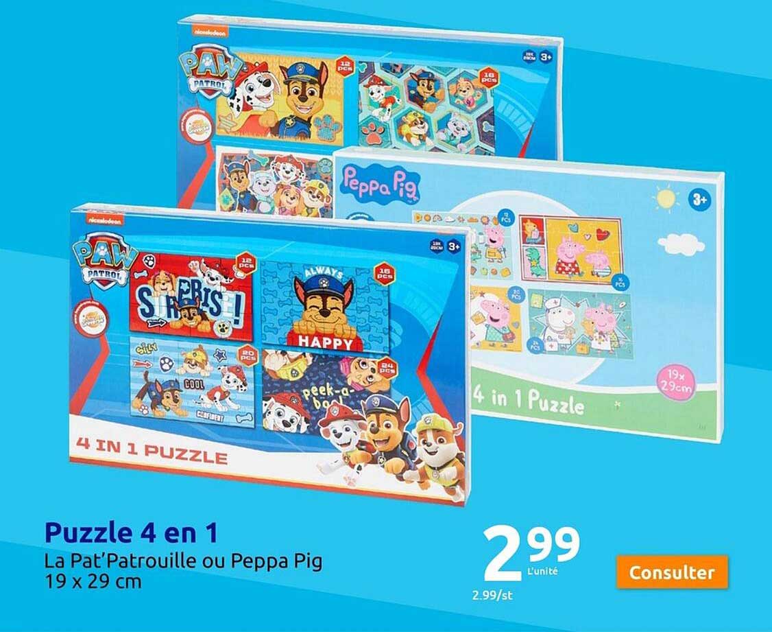 puzzle 4 en 1 la pat'Patrouille ou peppa pig