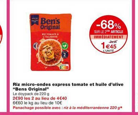 riz micro-ondes express tomate et huile d'olive "bens original" -68% sur le 2ème article