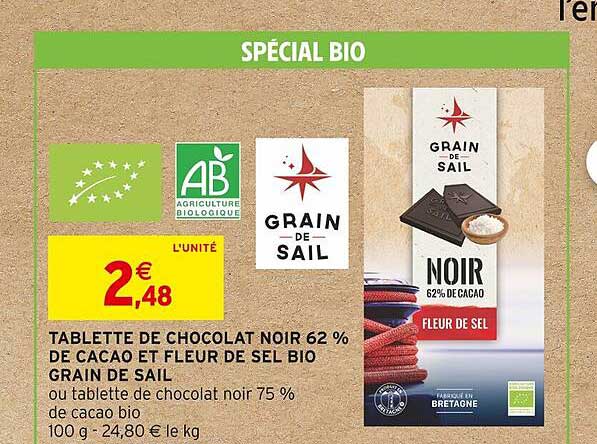 tablette de chocolat noir 62% de cacao et fleur de sel bio grain de sail