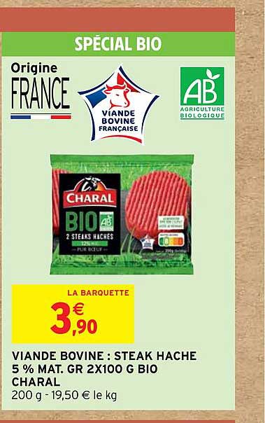 Viande Bovine : Steak Haché 5% Mat. Gr. 2x100 G Bio Charal