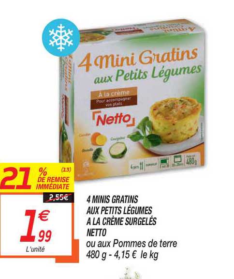 4 Minis Gratins Aux Petits Légumes à La Crème Surgelés 21% De Remise Immédiate