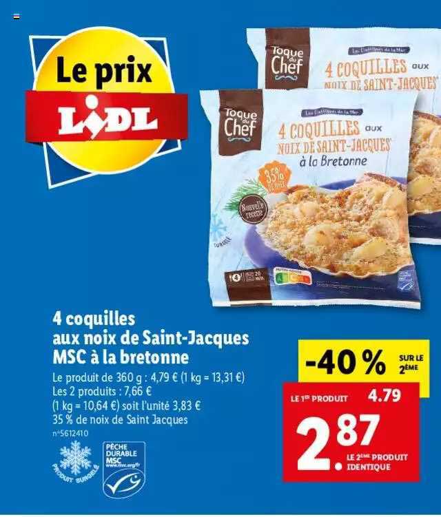 4 coquilles aux noix de saint-jacques msc à la bretonne