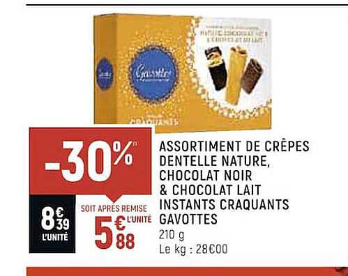 assortiment de crêpes dentelle nature, chocolat noir & chocolat lait instants craquants gavottes