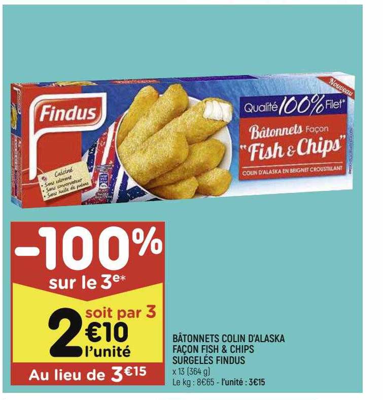 bâtonnets colin d'alaska façon fish & chips surgelés findus