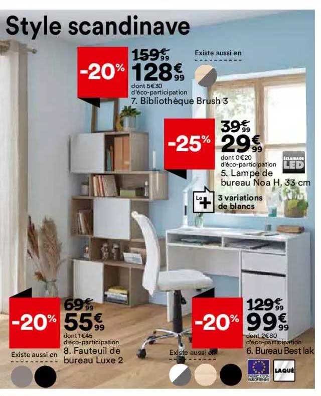 bibliothèque brush 3, fauteuil de bureau luxe 2, lampe de bureau noa h. 33 cm, bureau best lak