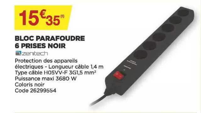 bloc parafoudre 6 prises noir zenitech