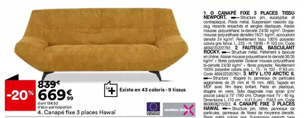 Canapé Fixe 3 Places Hawaï Modern Living