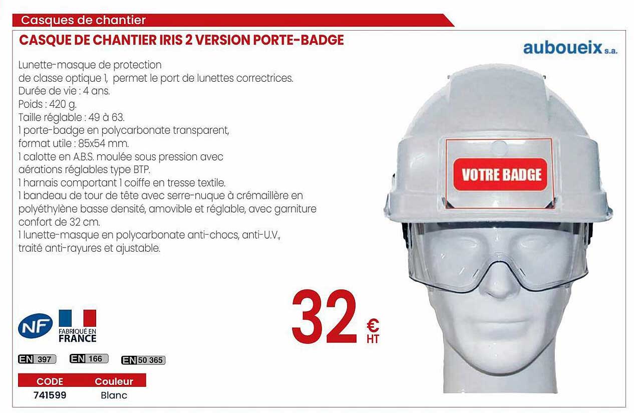 casque de chantier iris 2 version porte-badge auboueix