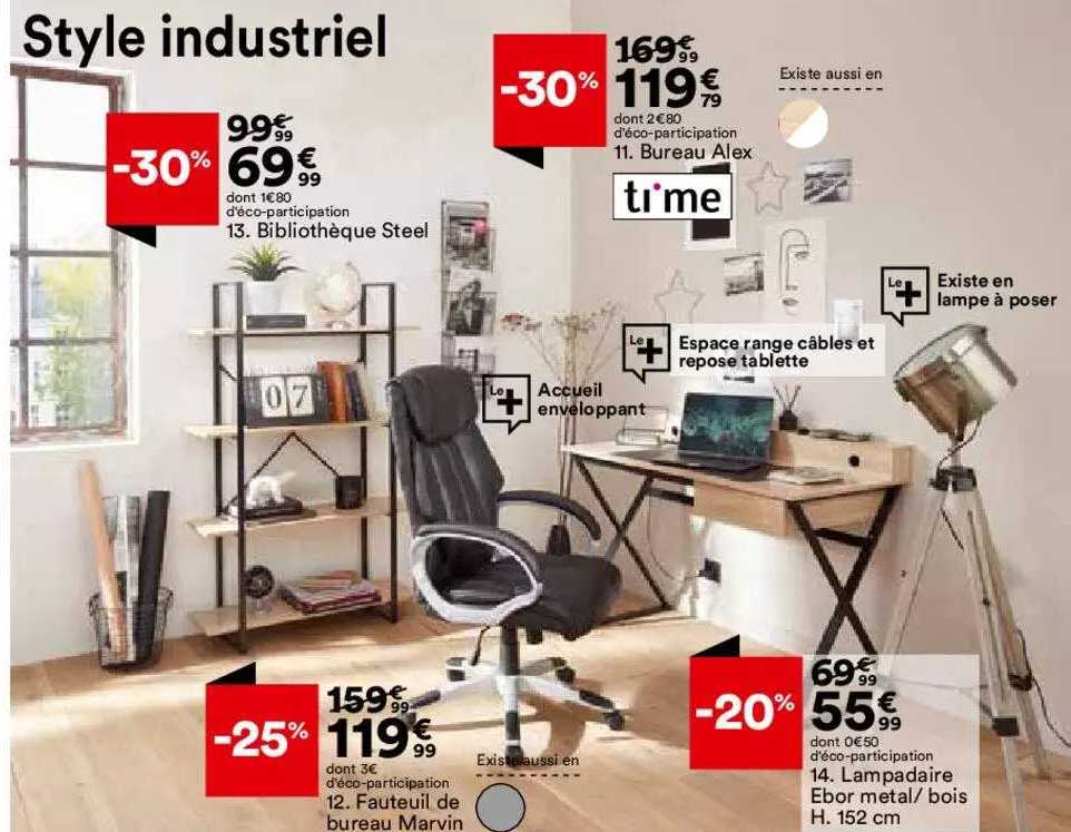 fauteuil de bureau marvin, bibliothèque steel, bureau alex, lampadaire ebor metal - bois h. 152cm