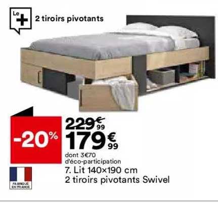 lit 140 x 190 cm 2 tiroirs pivotants swivel