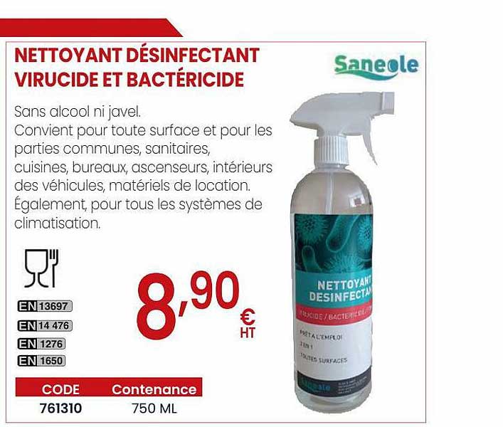 nettoyant désinfectant virucide et bactéricide saneole