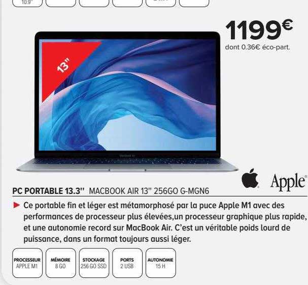 pc portable 13.3" macbook air 13" 256go g-mgn6  apple