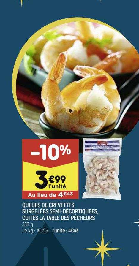 queues de crevettes surgelées semi-décortiquées, cuites la table des pêcheurs