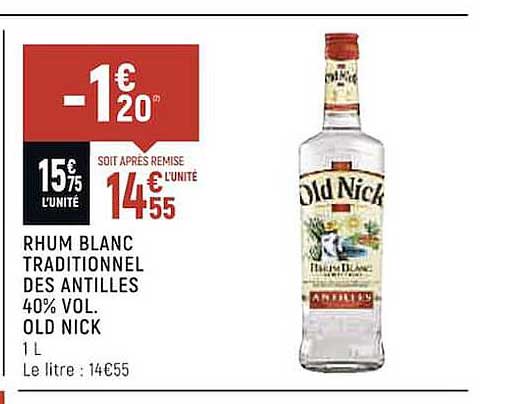 rhum blanc traditionnel des antilles 40% vol. old nick