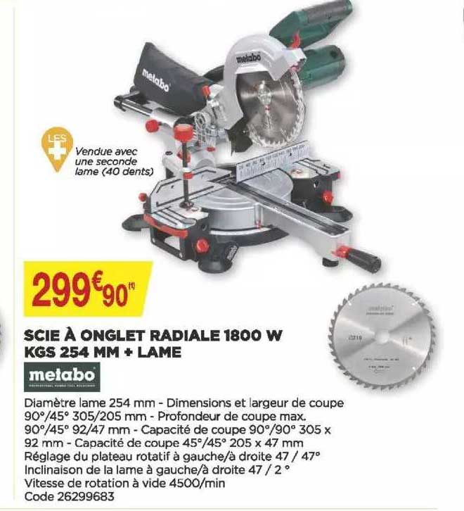 scie à onglet radiale 1800 w kgs 254 mm + lame metabo