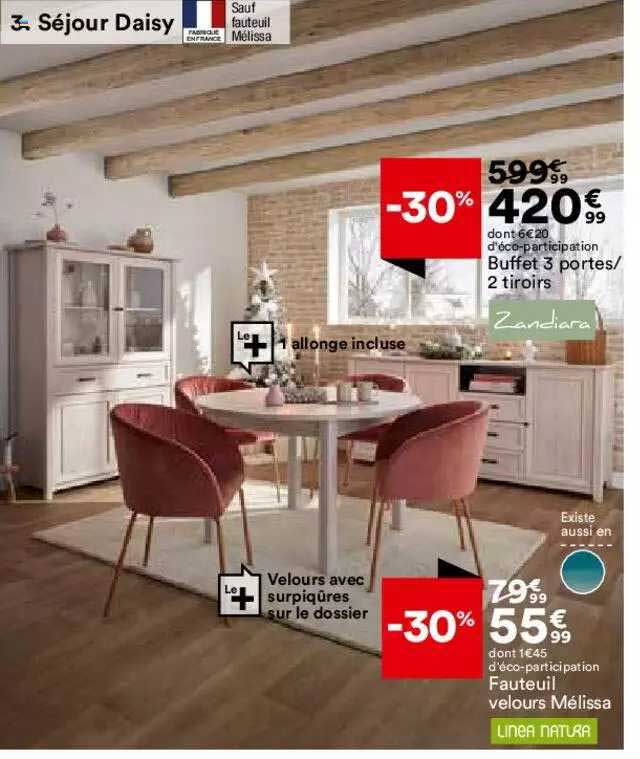 séjour daisy : buffet 3 portes - 2 tiroirs zandiara, fauteuil velours mélissa linea natura