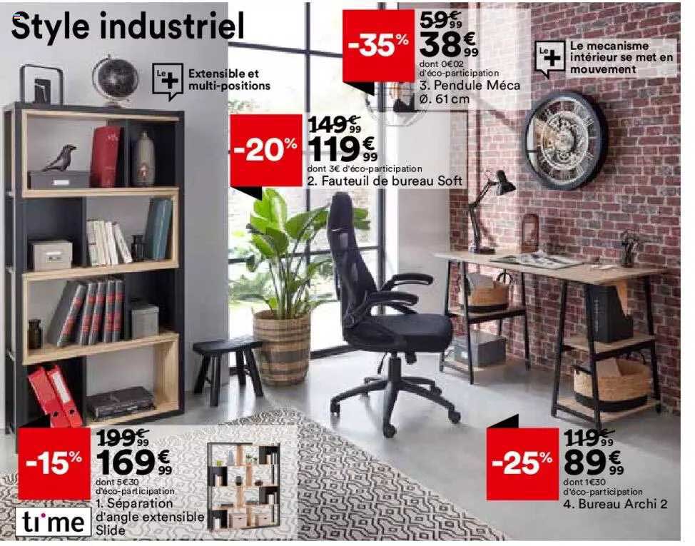 séparation d'angle extensible slide, fauteuil de bureau soft, pendule méca ø61 cm, bureau archi 2