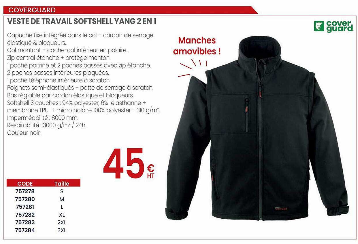 Veste De Travail Softshell Yang 2 En 1 Coverguard