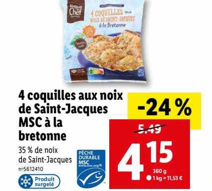 4 coquilles aux noix de saint-jacques msc à la bretonne