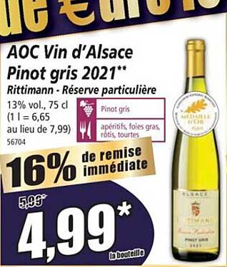 aoc vin d'alsace pinot gris 2021 rittimann - réserve particulière