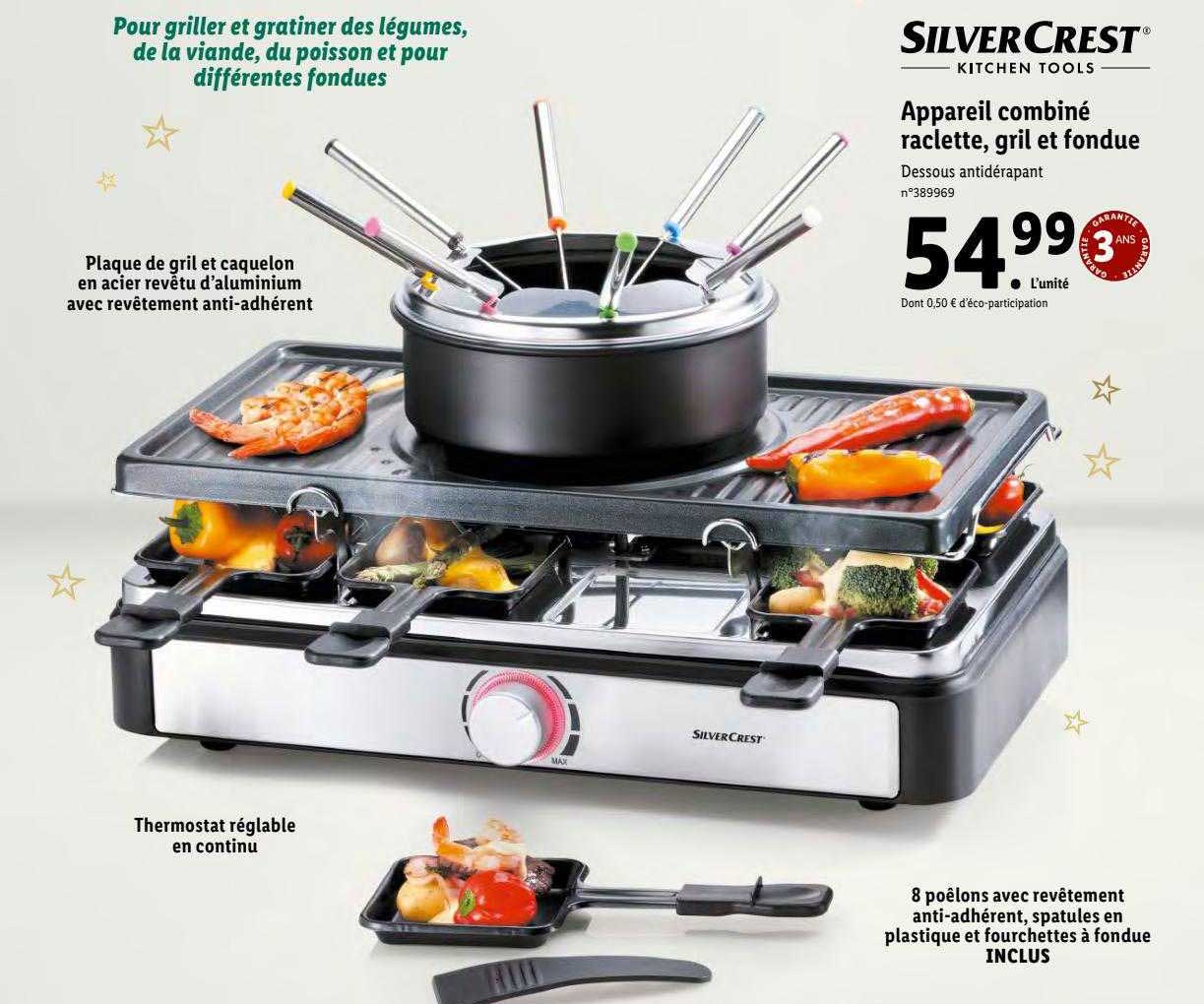 appareil combiné raclette, gril et fondue silver crest