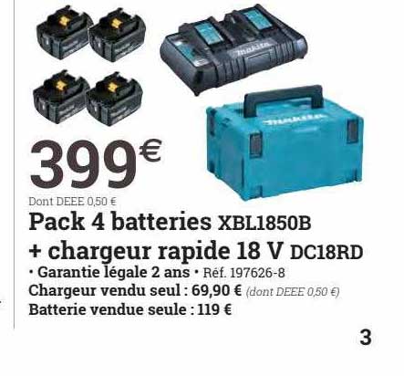 Pack 4 Betteries Xbl1850b + Chargeur Rapide 18 V