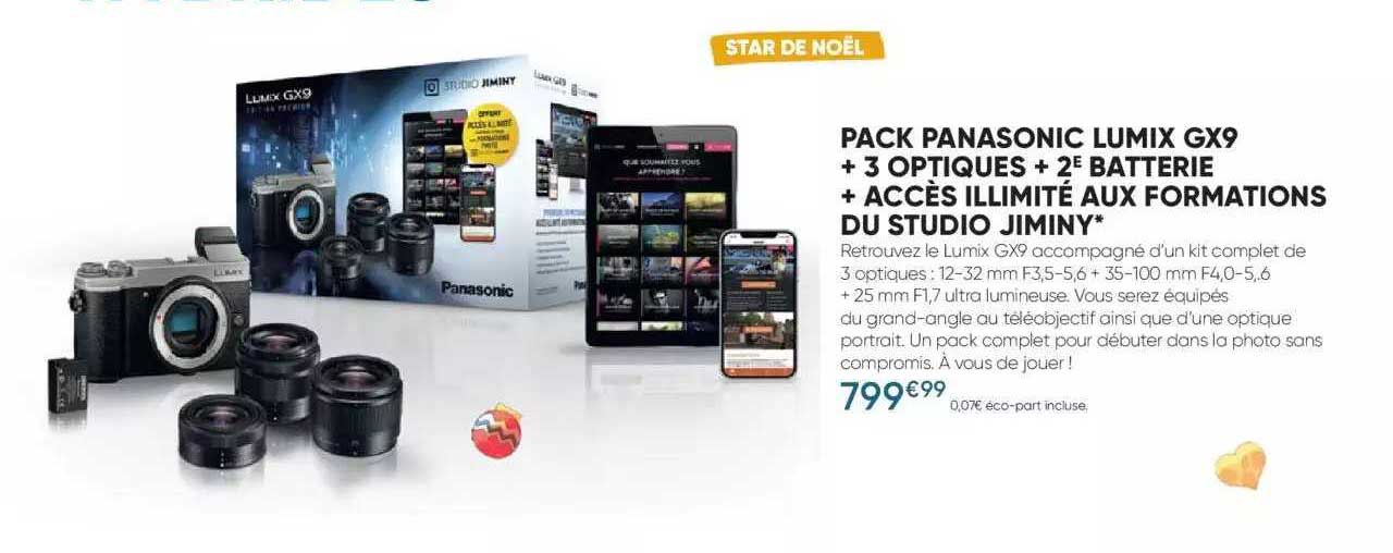 pack panasonic lumix gx9 +3 optiques + 2e batterie + accès illimité aux formations du studio jiminy