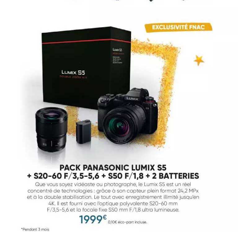 pack panasonic lumix s5 + s20-60 f-3,5-5,6 + s50 f-1,8 + 2 batteries