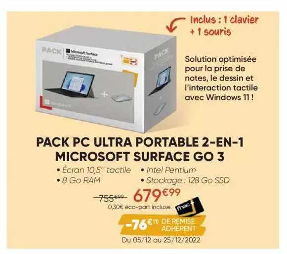 pack pc ultra portable 2-en-1 microsoft surface go 3