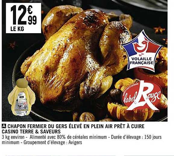 chapon fermier du gers élevé en plein air prêt à cuire casino terre & saveurs