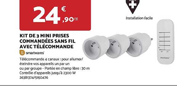 kit de 3 mini prises commandees sans fil avec telecommande