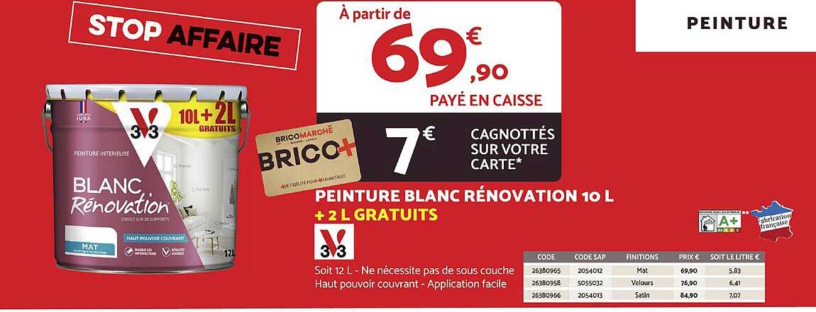 peinture blanc rénovation 10 l + 2 l gratuits v33