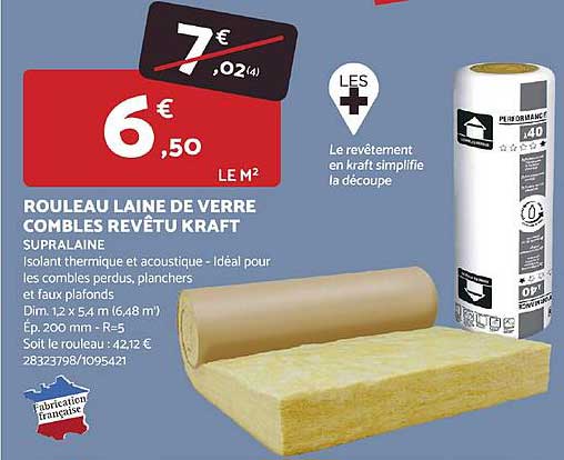 rouleau laine de verre combles revetu kraft