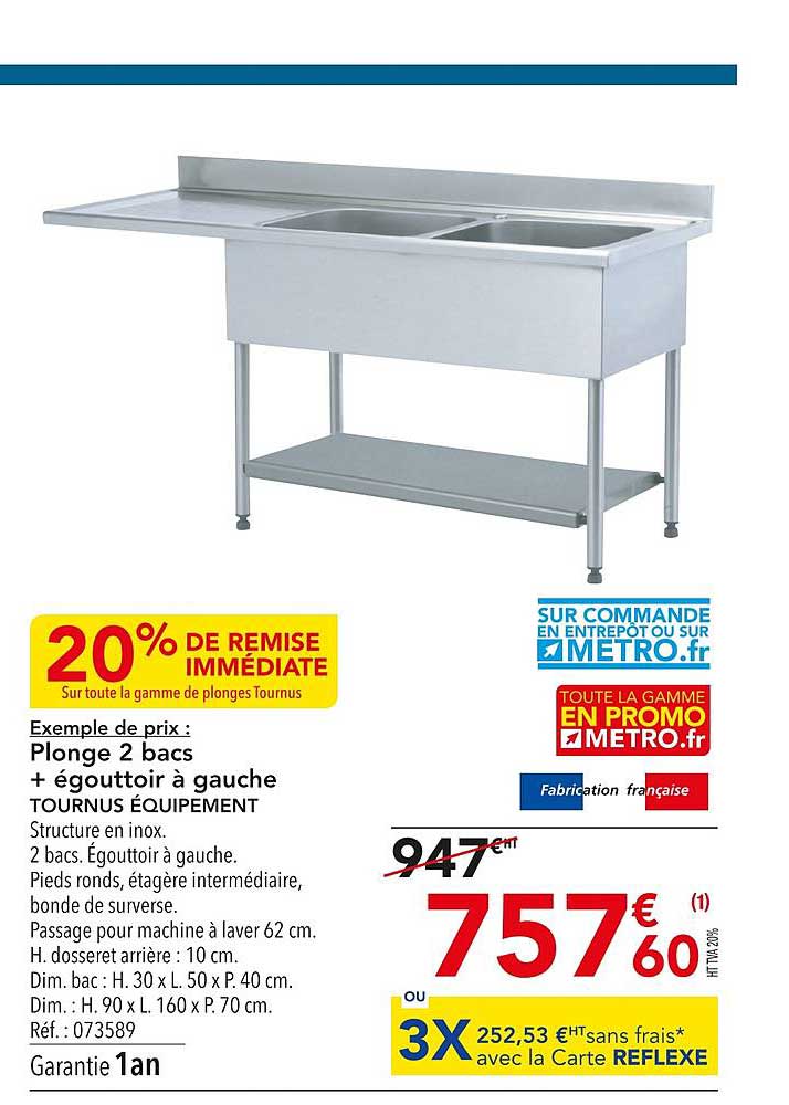 plonge 2 bacs + égouttoir à gauche tournus équipement