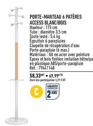 porte-manteau 6 patères access blanc-bois