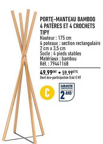 porte-manteau bamboo 4 patères et 4 crochets tipy