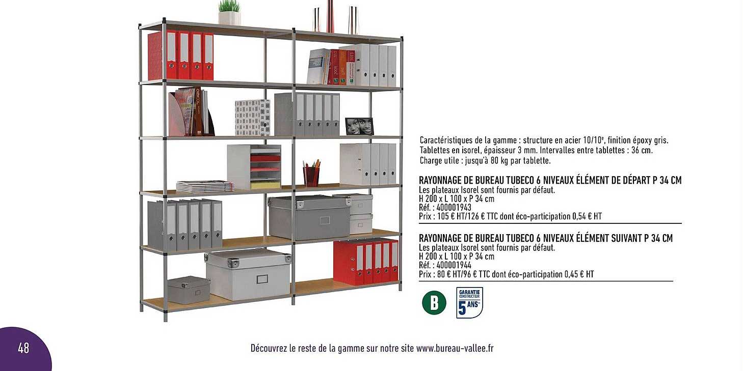 rayonnage de bureau tubeco 6 niveaux élément de départ p34 cm, rayonnage de bureau tubeco 6 niveaux élément suivant p34 cm